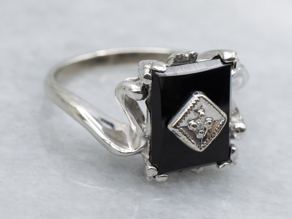 Retro Black Onyx and Diamond White Gold Bypass Ring