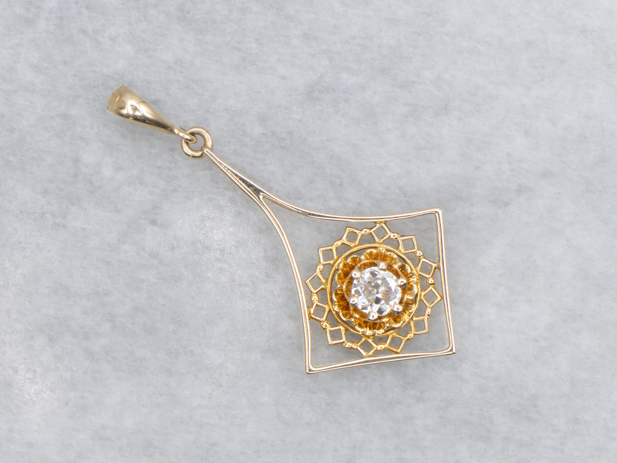 Antique Gold Buttercup-Set Old Mine Cut Diamond Lavalier Pendant