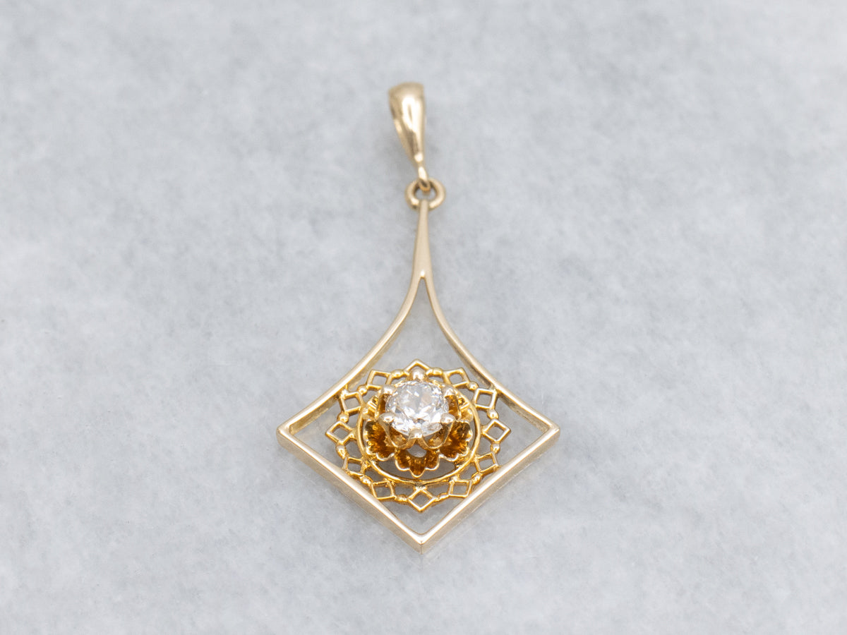 Antique Gold Buttercup-Set Old Mine Cut Diamond Lavalier Pendant
