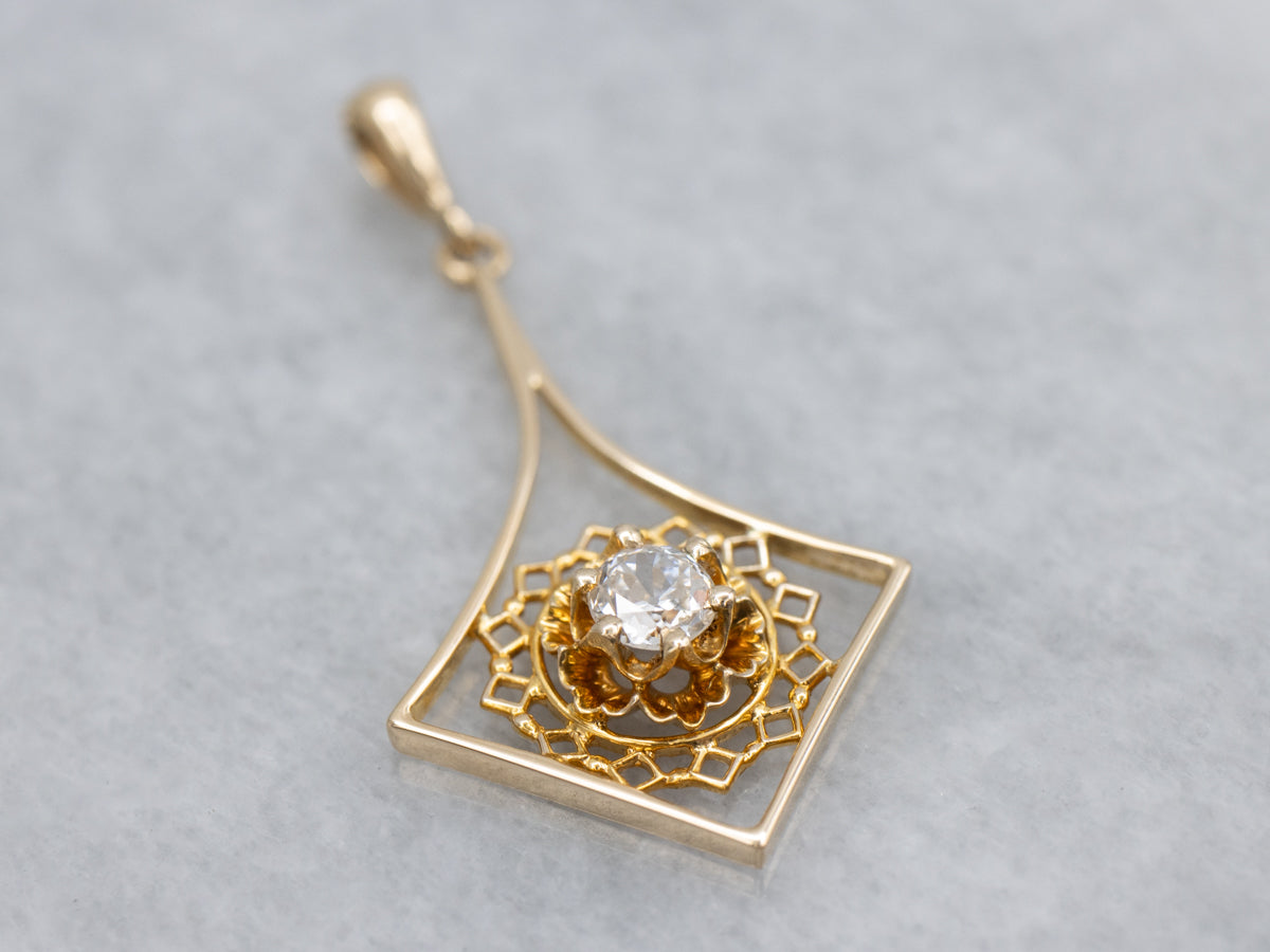 Antique Gold Buttercup-Set Old Mine Cut Diamond Lavalier Pendant