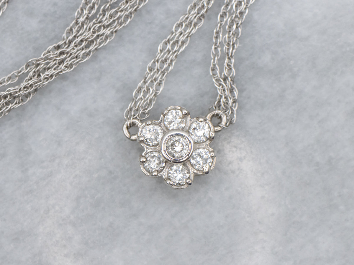 Sweet Diamond Flower Pendant on Triple Strand Necklace