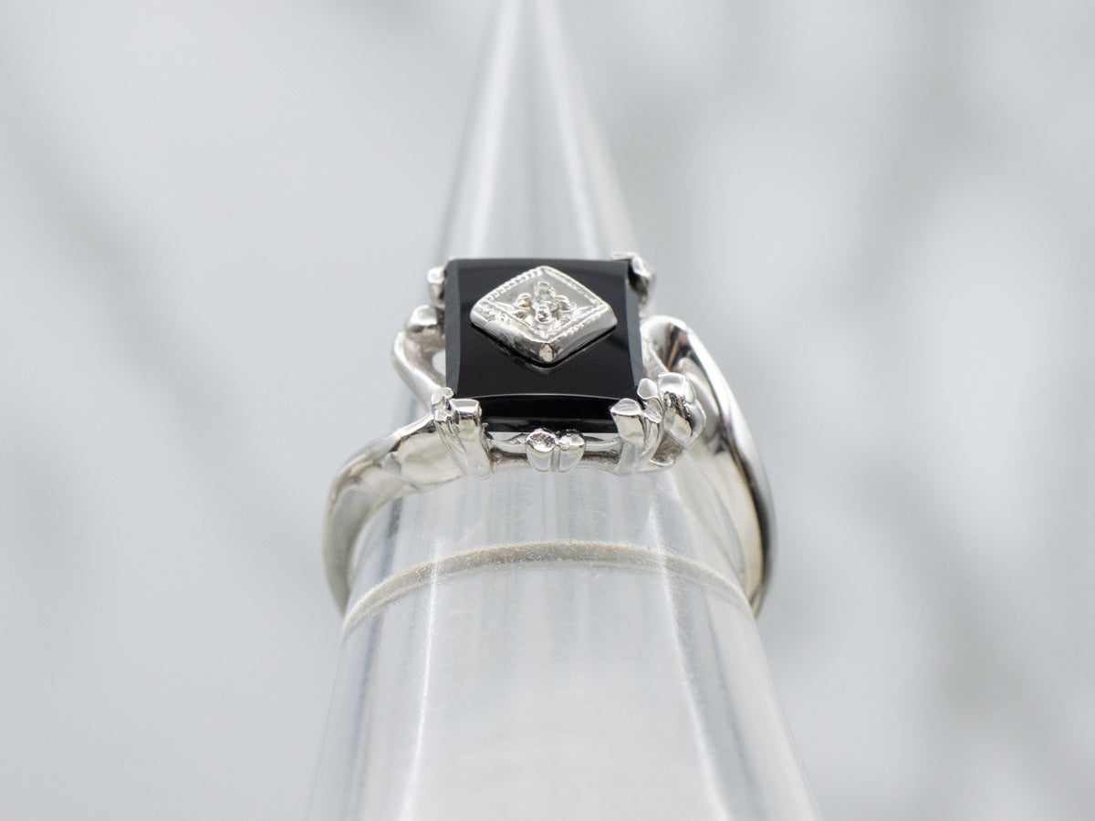 Retro Black Onyx and Diamond White Gold Bypass Ring
