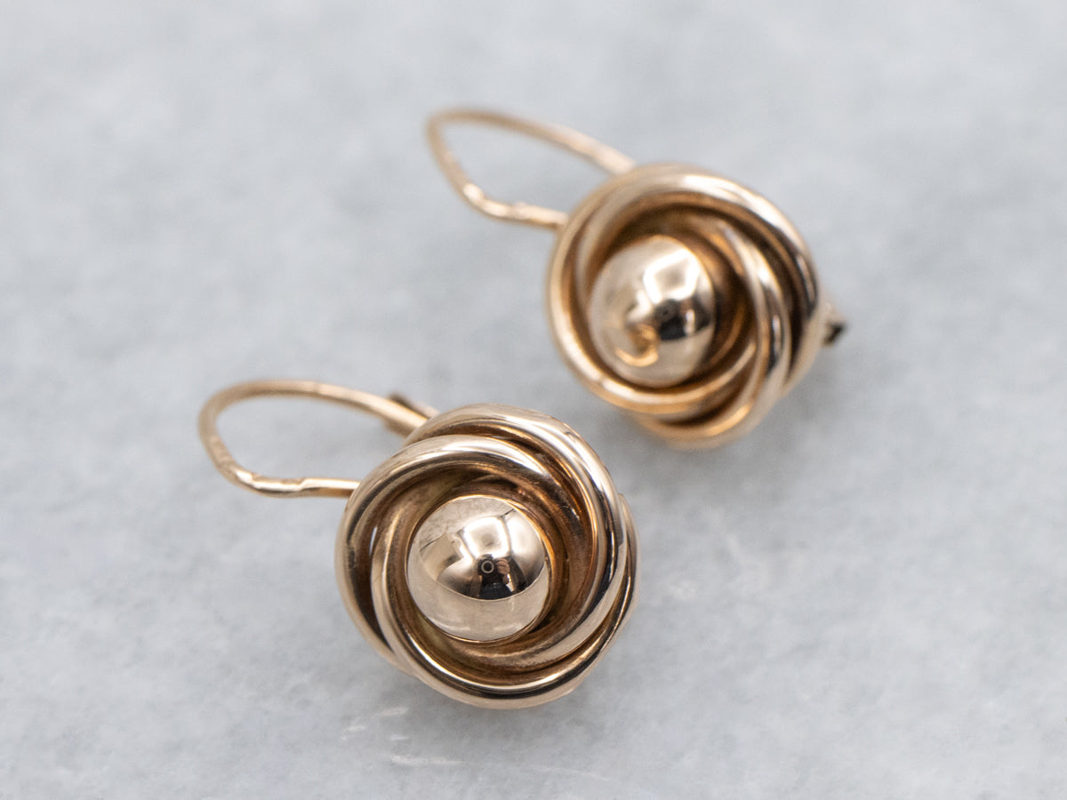 Polished Dome and Knot Vintage Rose Gold Drop Earrings