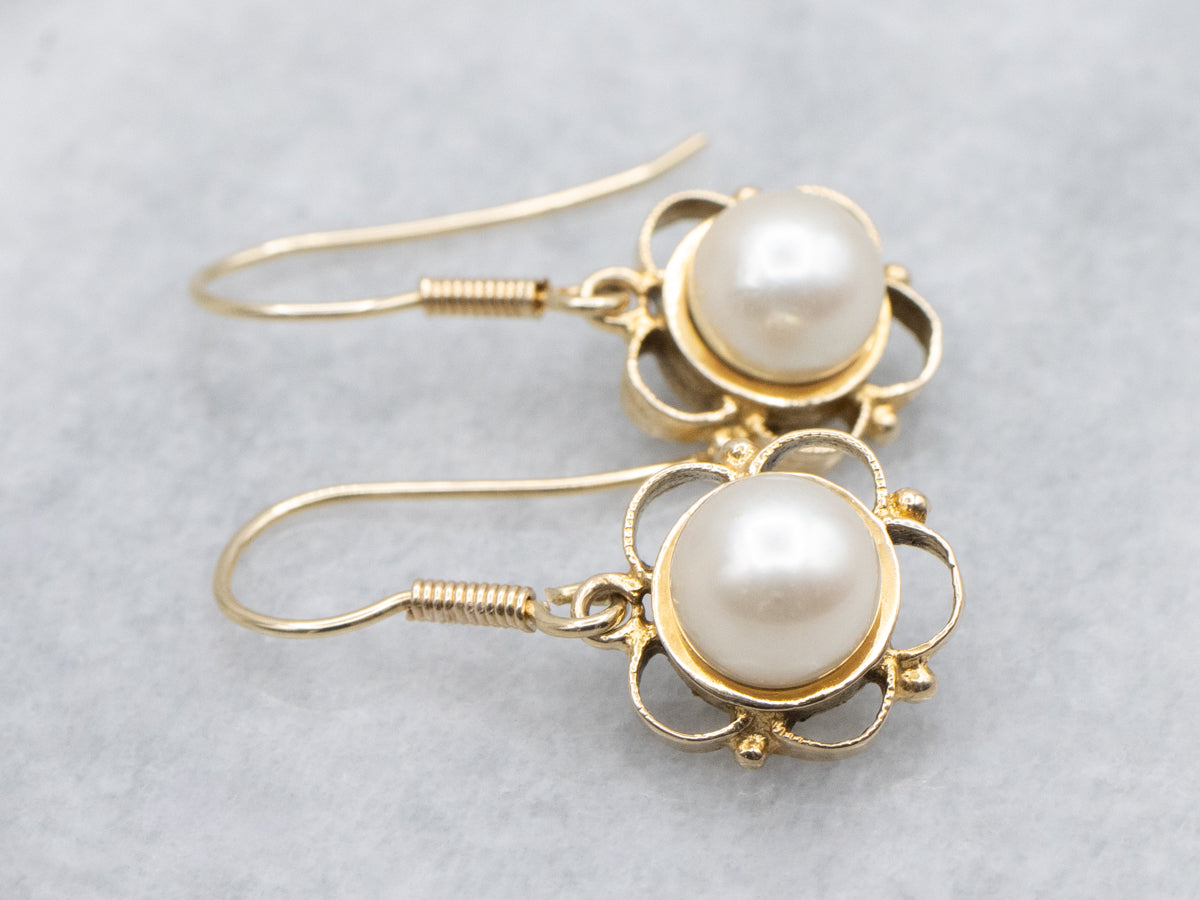 Vintage Pearl and Gold Drop Earrings with Scalloped Floral Setting