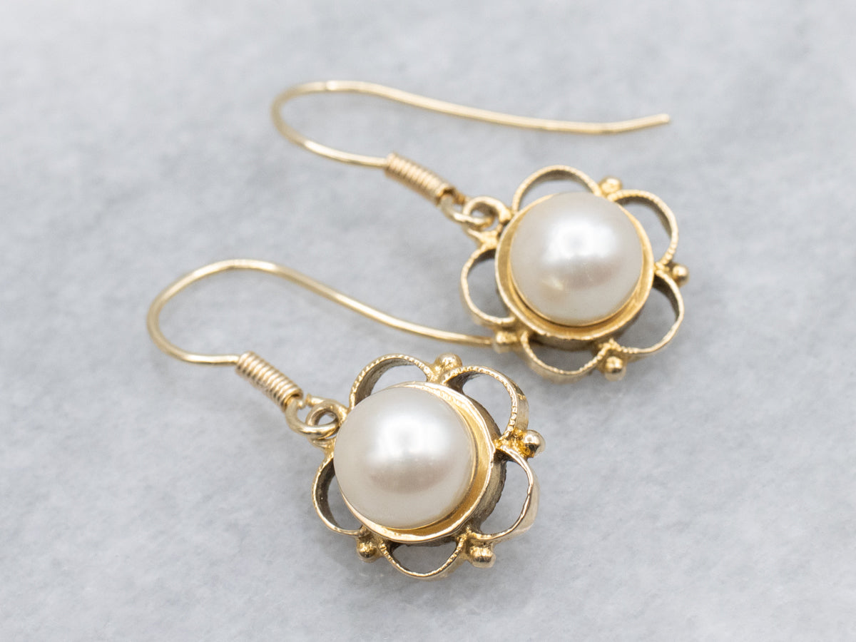 Vintage Pearl and Gold Drop Earrings with Scalloped Floral Setting