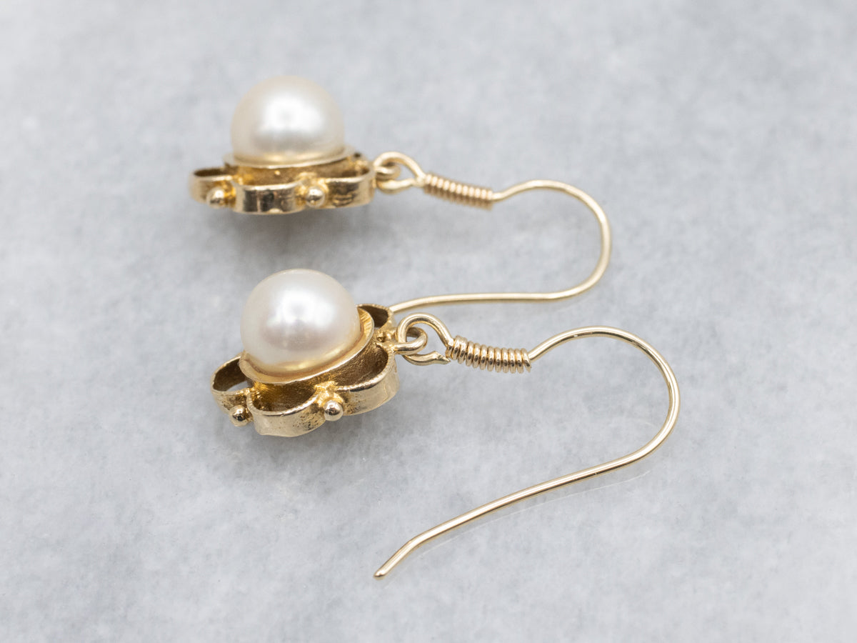 Vintage Pearl and Gold Drop Earrings with Scalloped Floral Setting