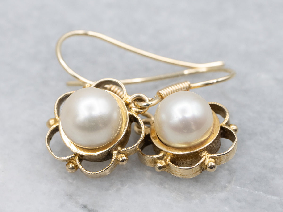 Vintage Pearl and Gold Drop Earrings with Scalloped Floral Setting
