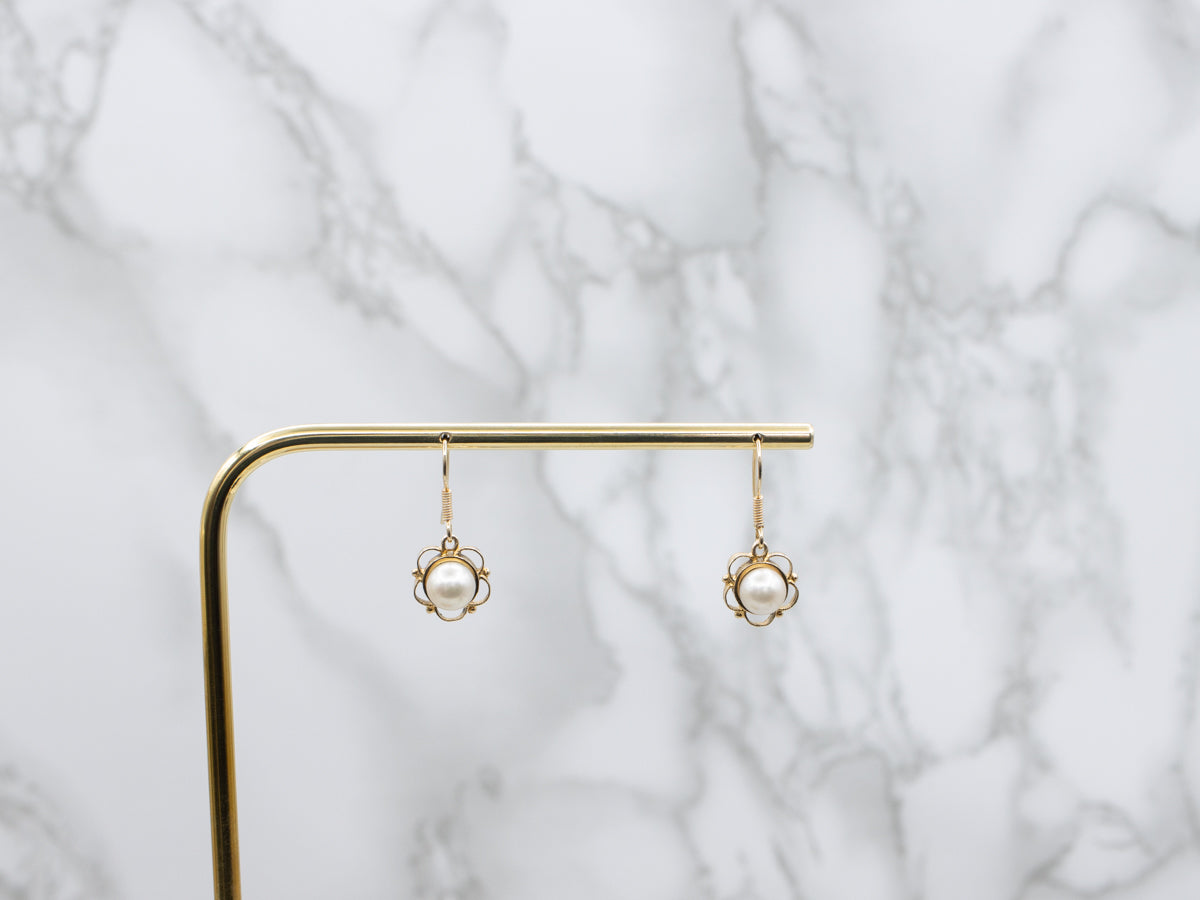 Vintage Pearl and Gold Drop Earrings with Scalloped Floral Setting