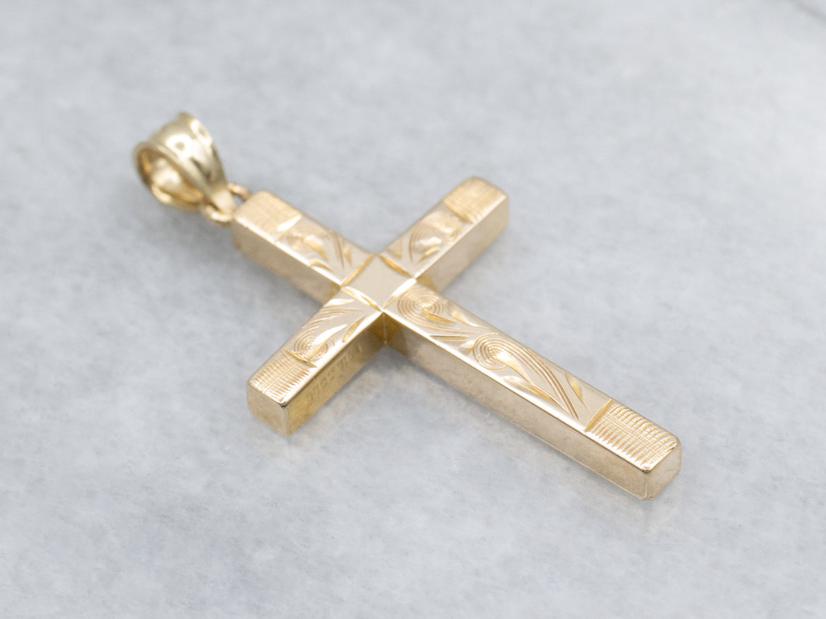 Vintage Engraved Yellow Gold Cross Pendant