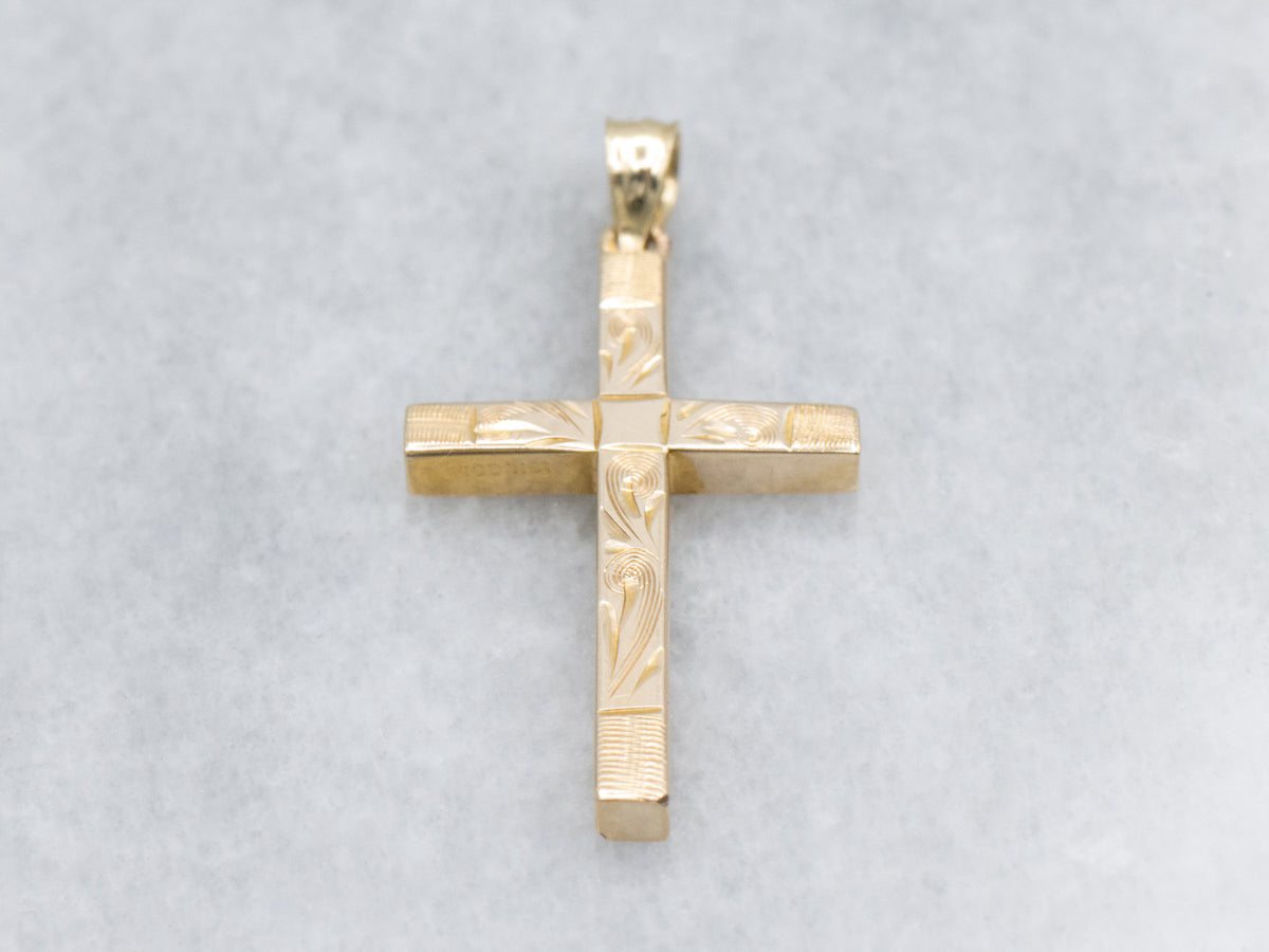 Vintage Engraved Yellow Gold Cross Pendant