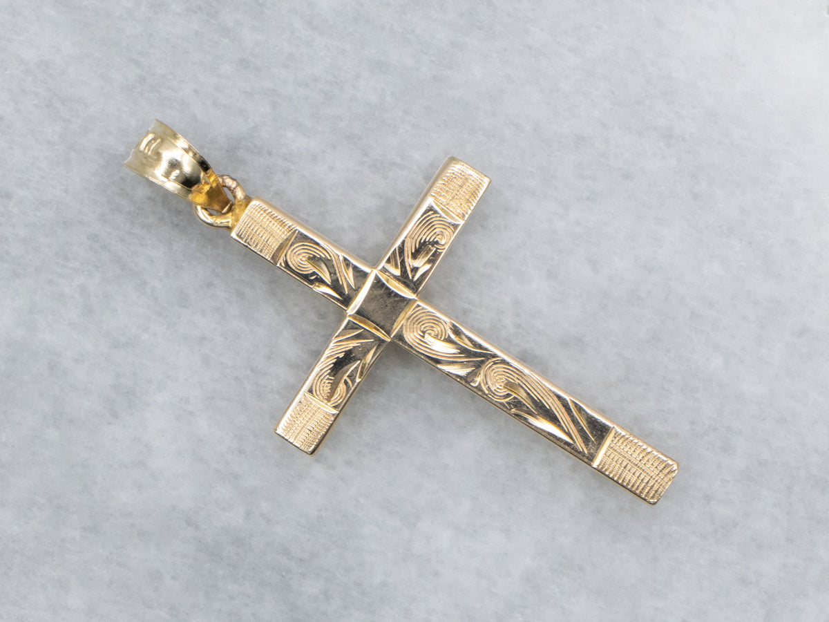 Vintage Engraved Yellow Gold Cross Pendant