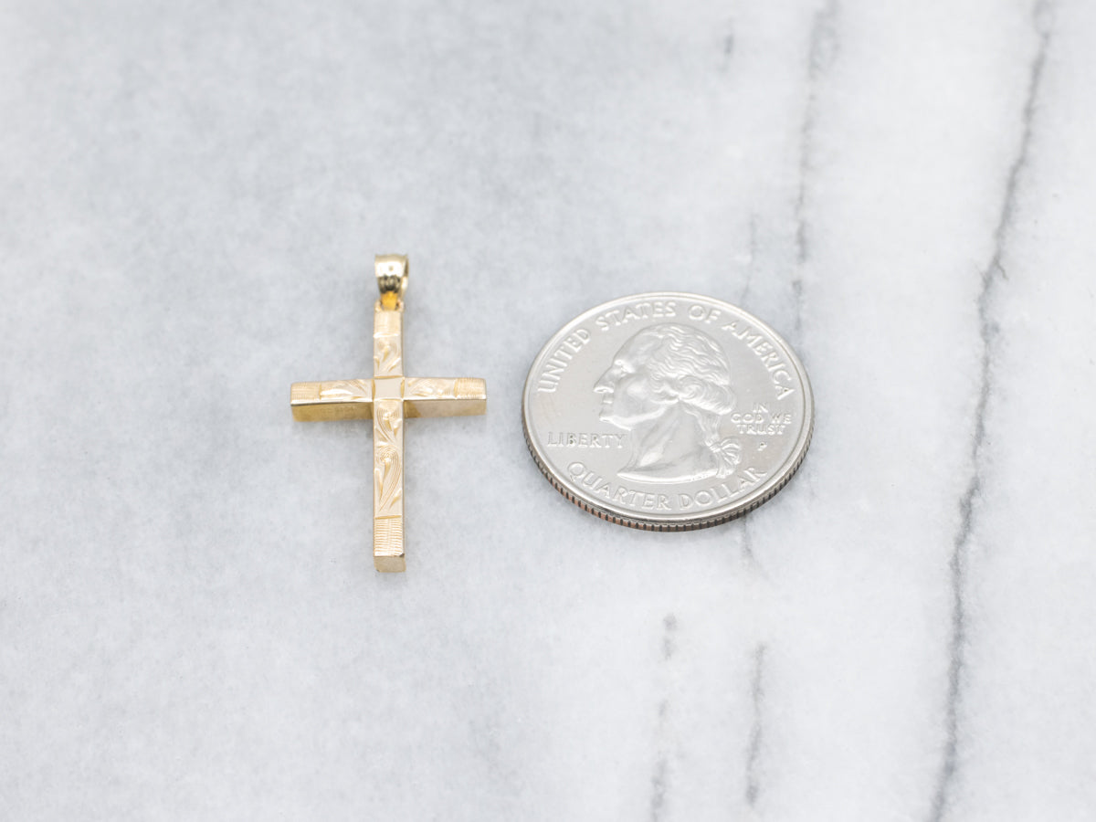 Vintage Engraved Yellow Gold Cross Pendant