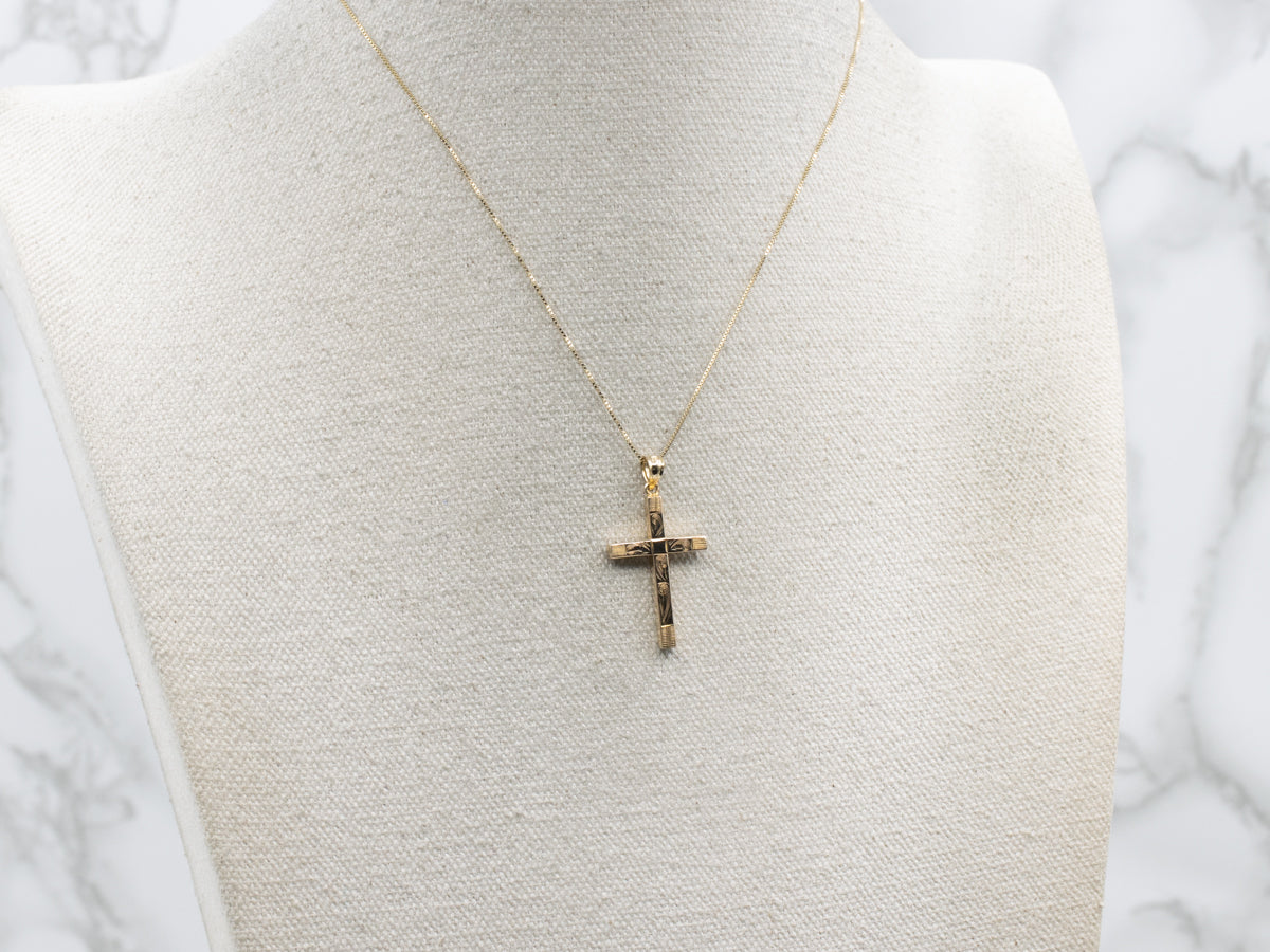 Vintage Engraved Yellow Gold Cross Pendant