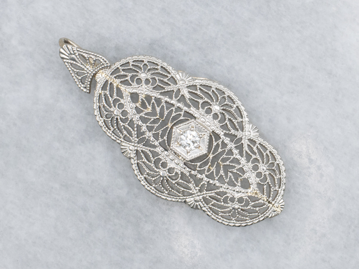 Art Deco Diamond White Gold Filigree Pendant