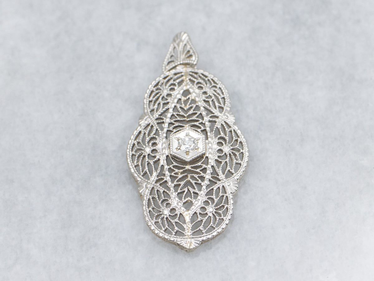 Art Deco Diamond White Gold Filigree Pendant
