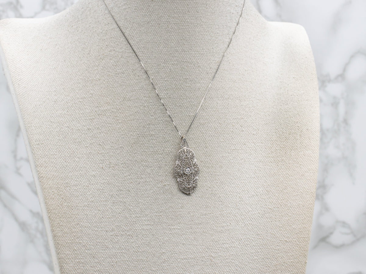 Art Deco Diamond White Gold Filigree Pendant