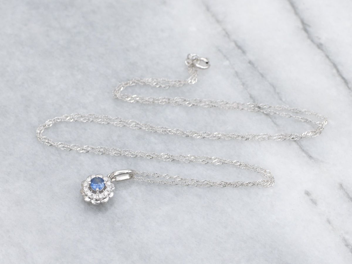 Modern White Gold Sapphire and Diamond Pendant Necklace