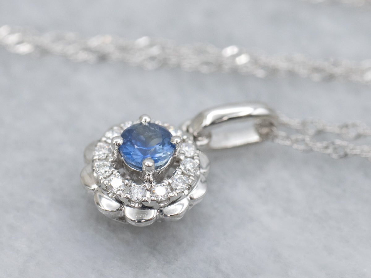 Modern White Gold Sapphire and Diamond Pendant Necklace