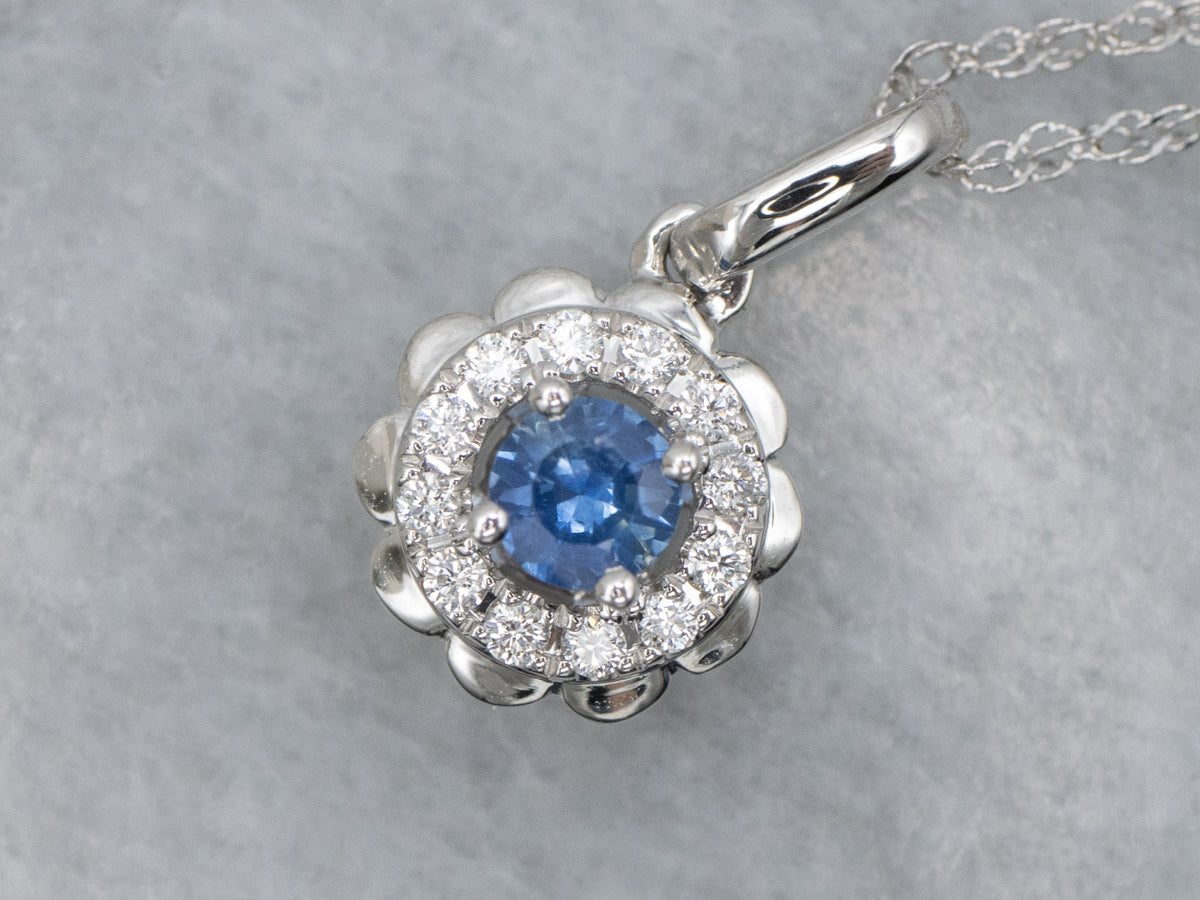 Modern White Gold Sapphire and Diamond Pendant Necklace