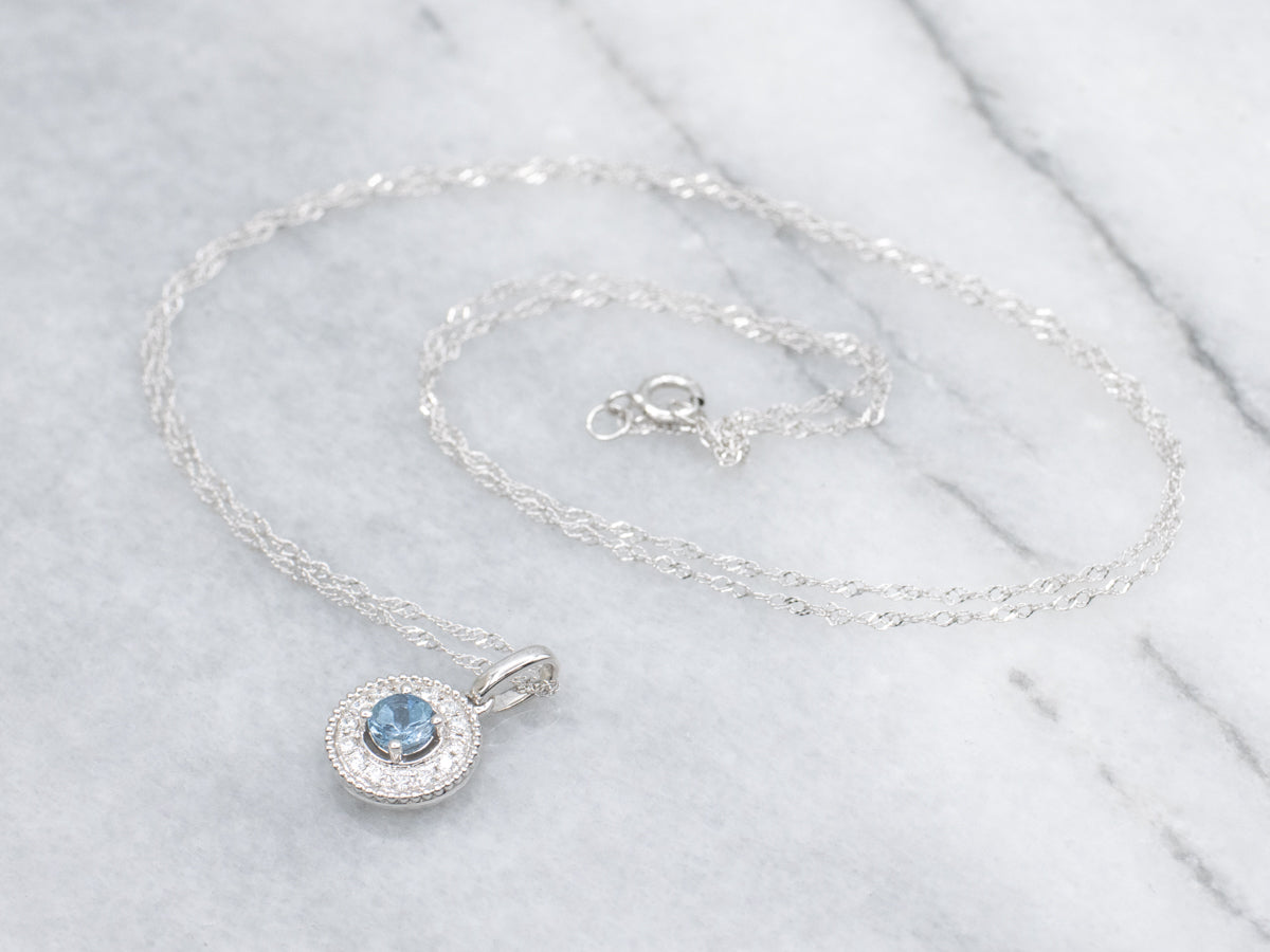 Modern Aquamarine and Diamond Halo White Gold Pendant Necklace