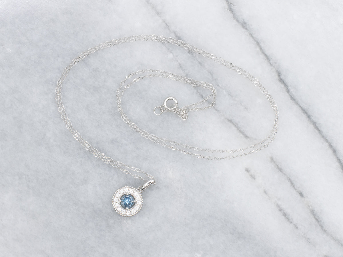 Modern Aquamarine and Diamond Halo White Gold Pendant Necklace