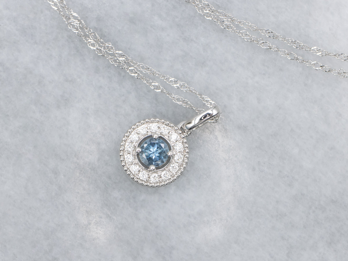 Modern Aquamarine and Diamond Halo White Gold Pendant Necklace