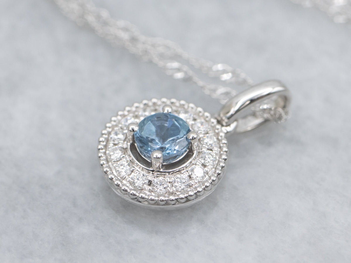 Modern Aquamarine and Diamond Halo White Gold Pendant Necklace