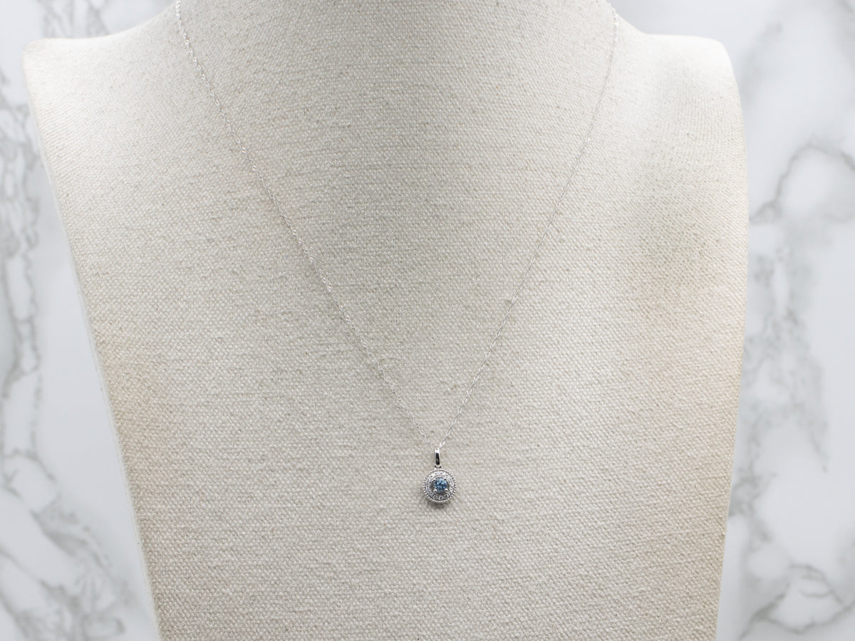 Modern Aquamarine and Diamond Halo White Gold Pendant Necklace