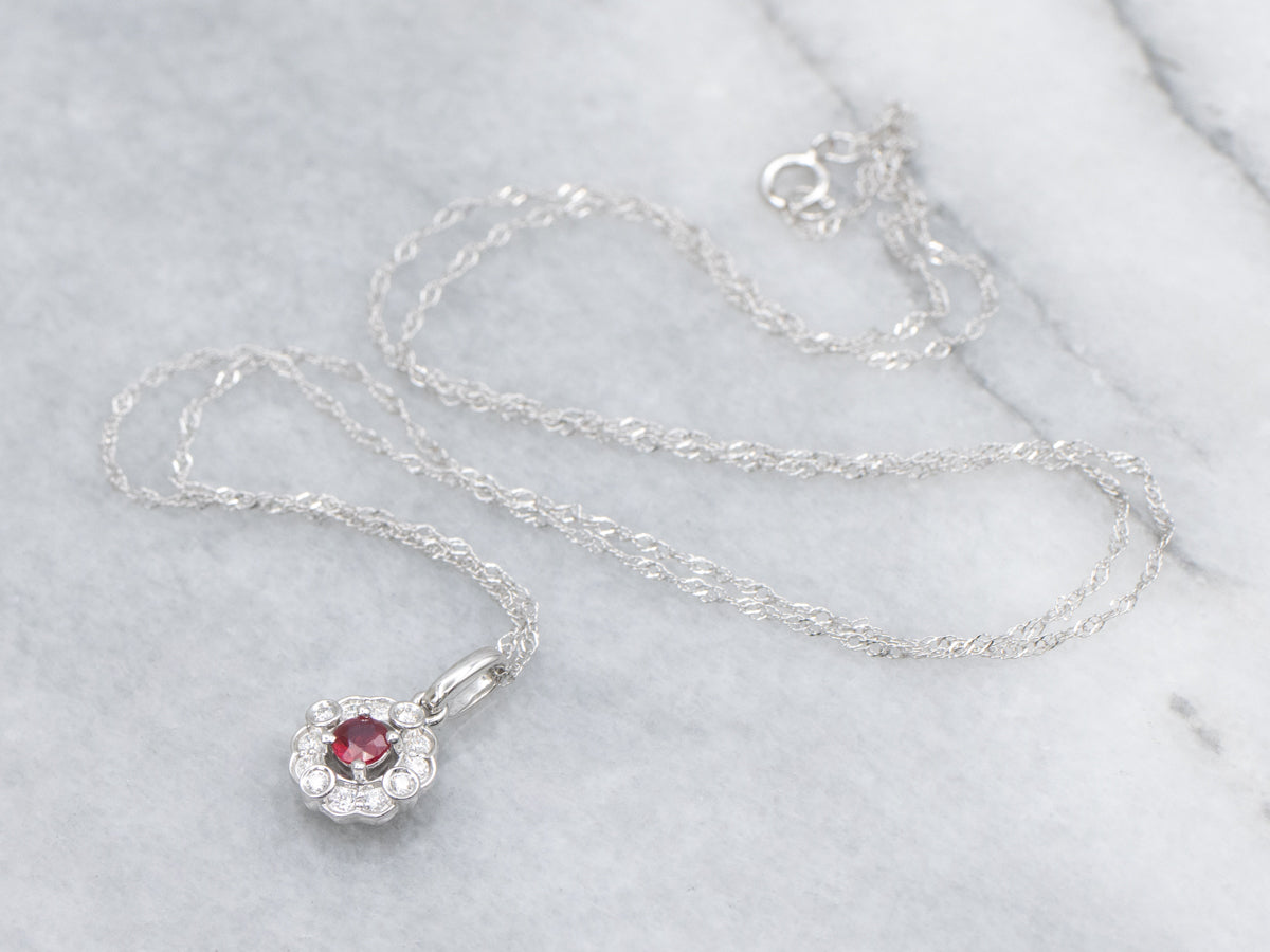 Floral Ruby and Diamond Halo White Gold Pendant Necklace