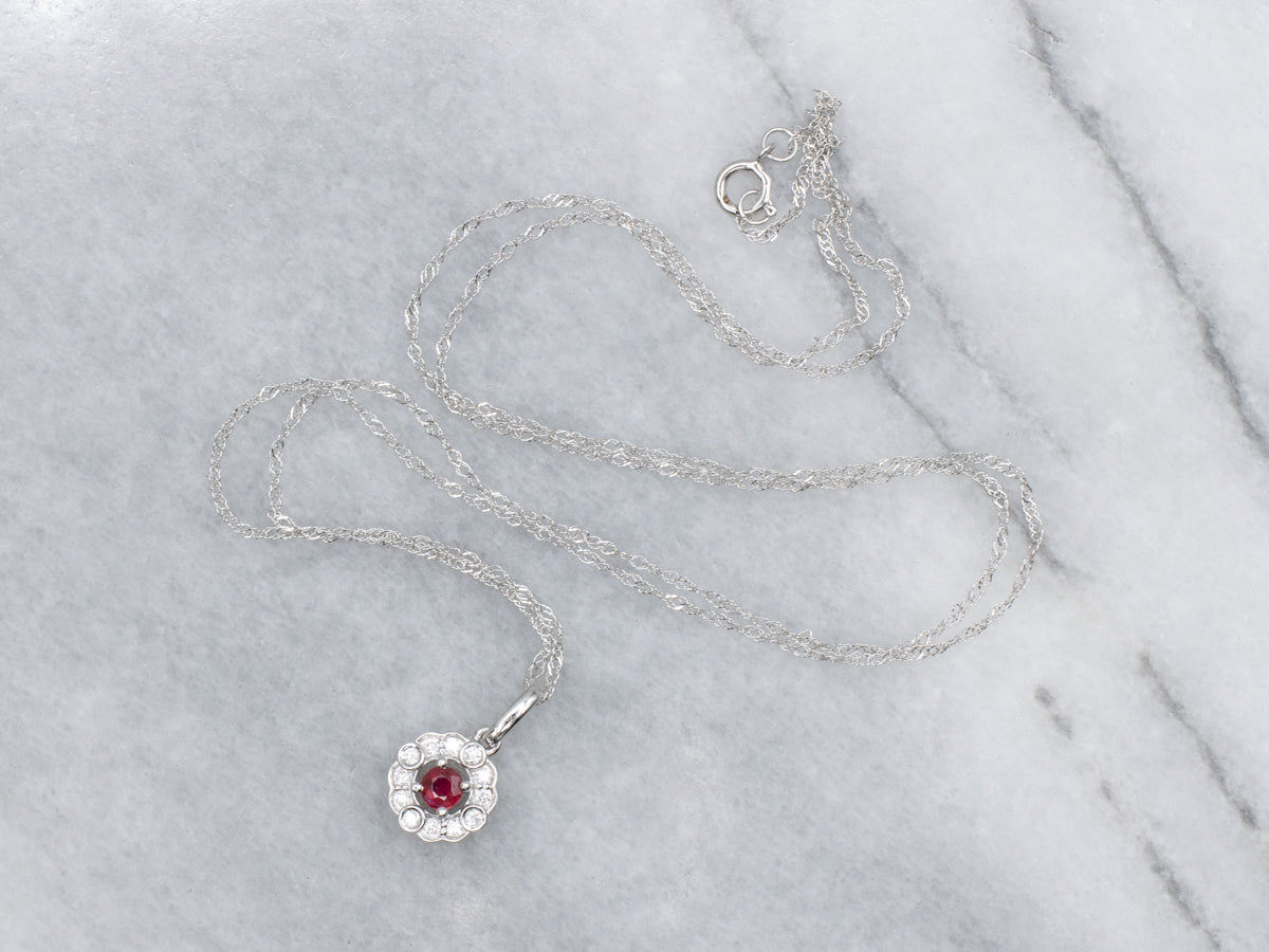 Floral Ruby and Diamond Halo White Gold Pendant Necklace