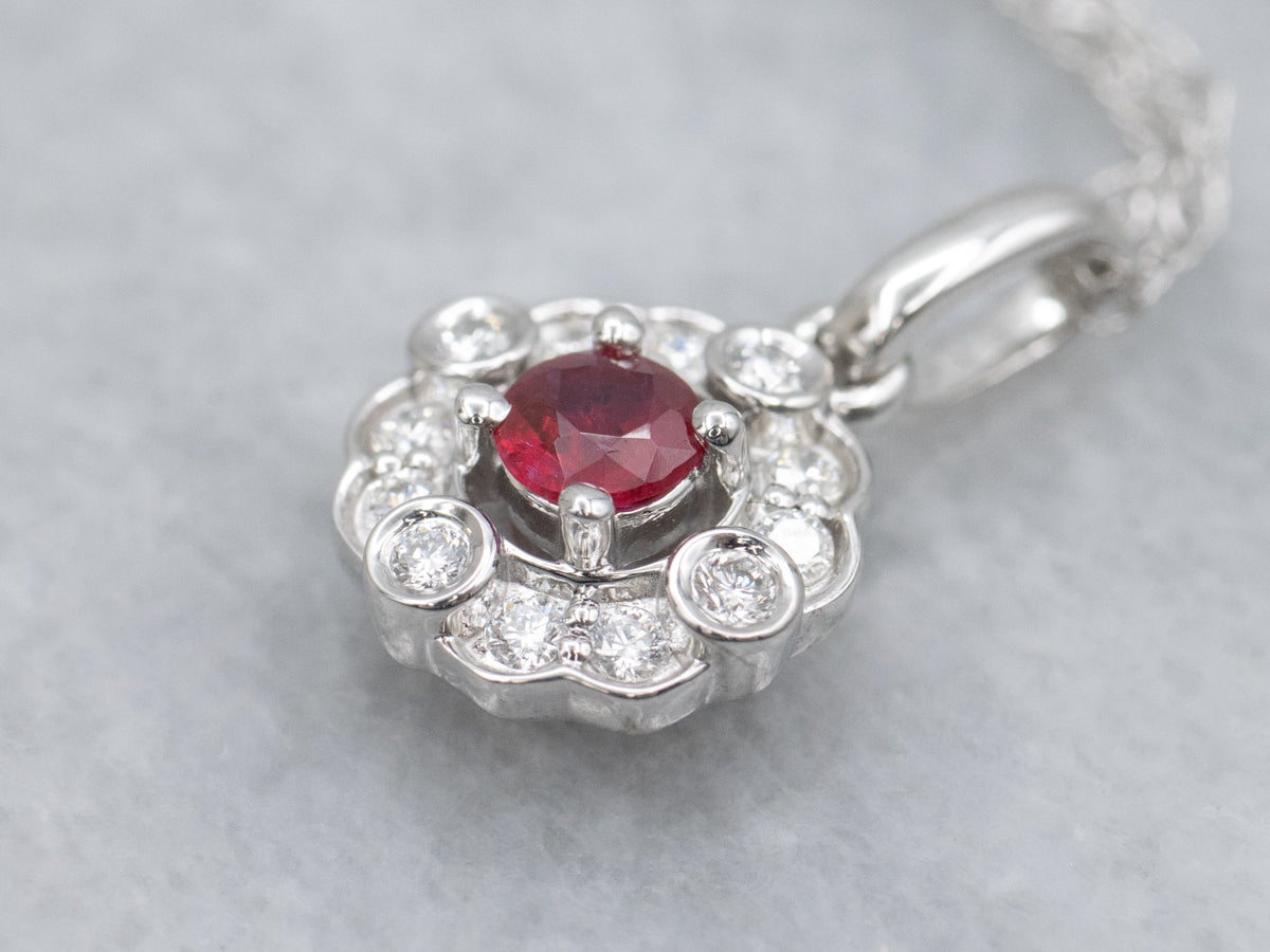 Floral Ruby and Diamond Halo White Gold Pendant Necklace