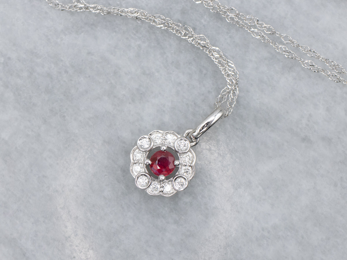 Floral Ruby and Diamond Halo White Gold Pendant Necklace