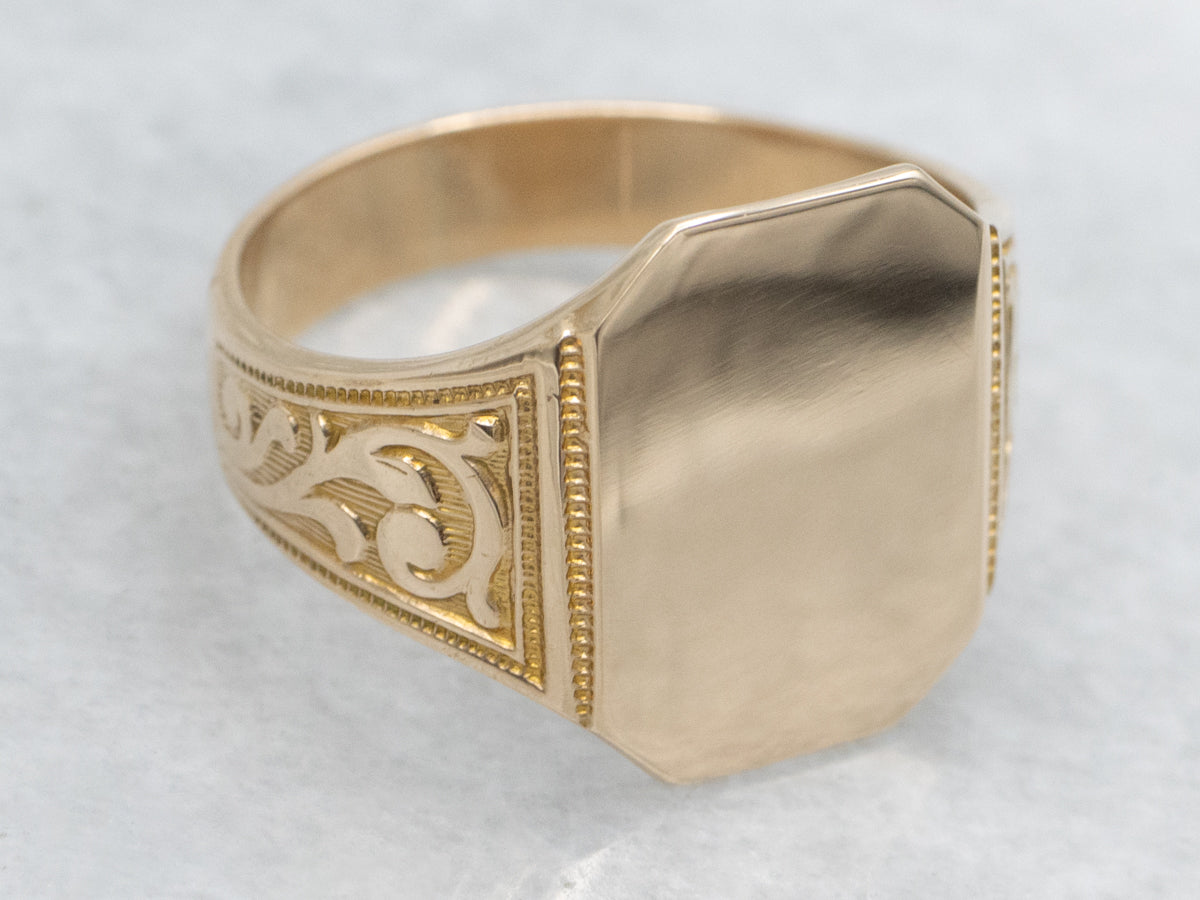 Vintage Rectangular-Top Signet Ring with Ornately Engraved Shoulders
