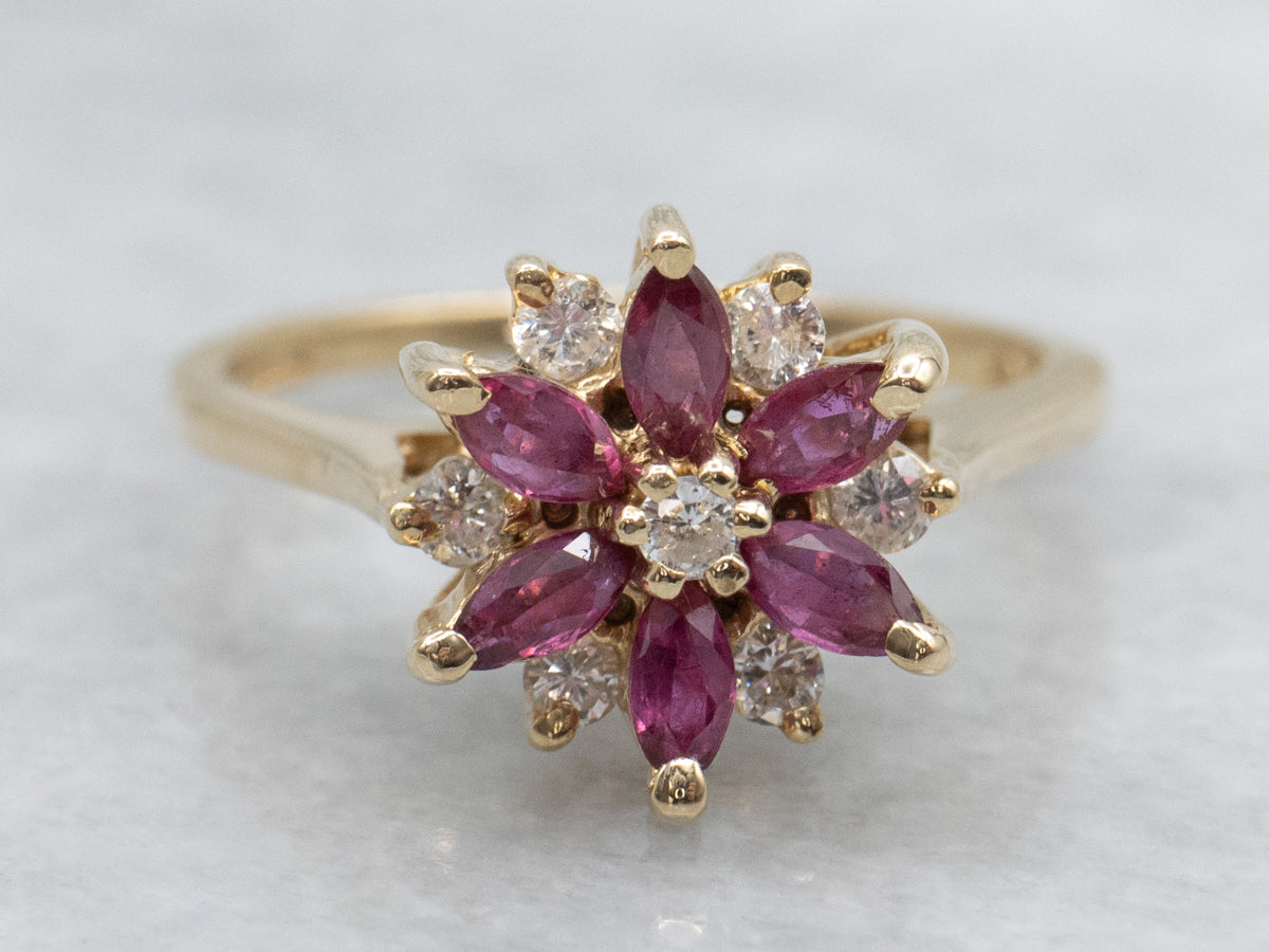 Marquise Cut Ruby and Diamond Flower Yellow Gold Ring