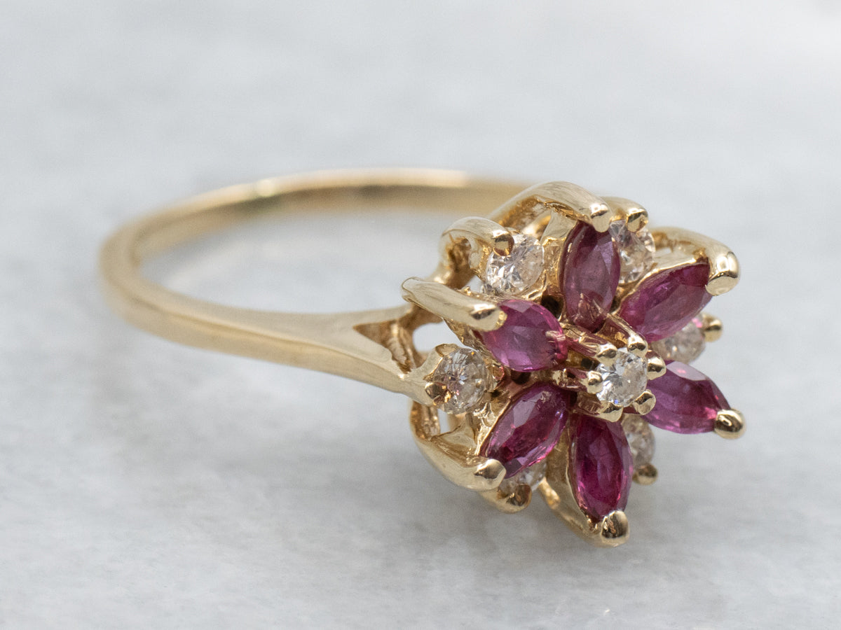 Marquise Cut Ruby and Diamond Flower Yellow Gold Ring