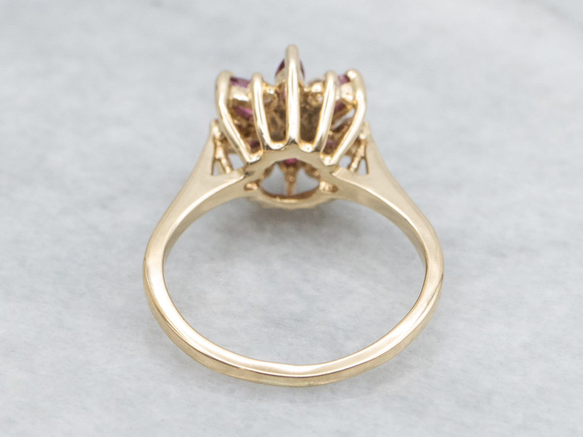 Marquise Cut Ruby and Diamond Flower Yellow Gold Ring