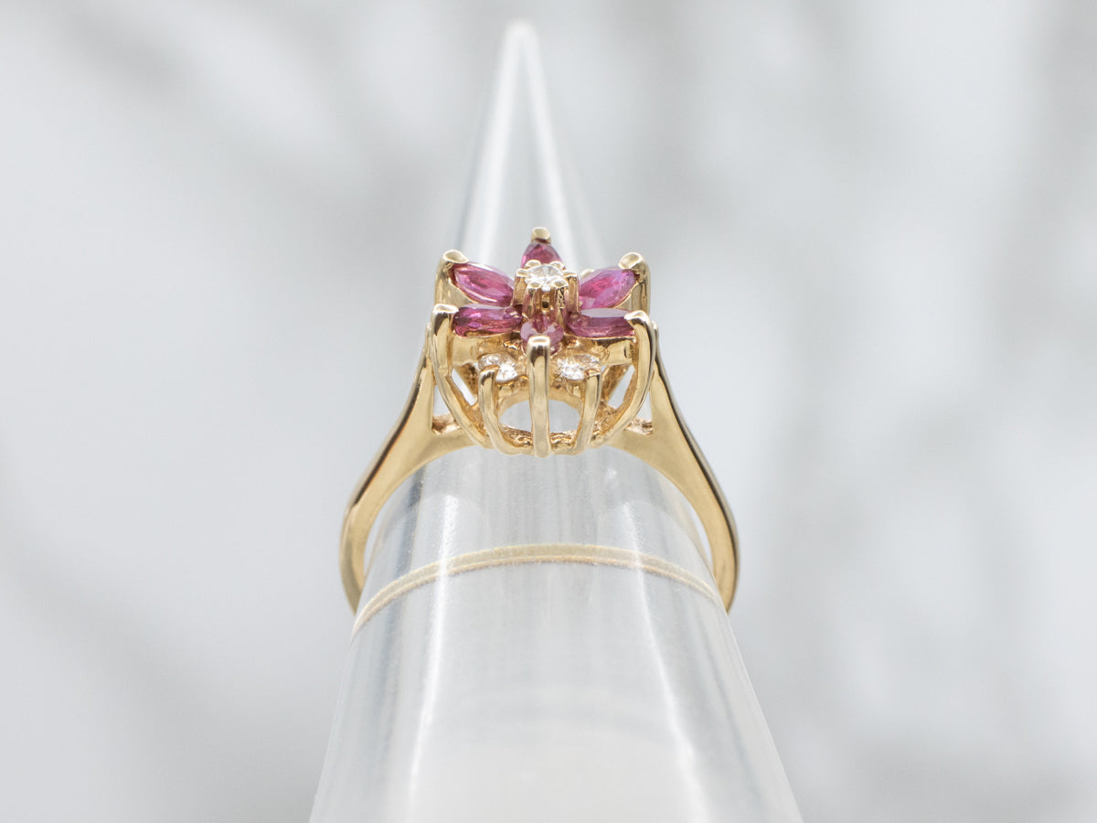 Marquise Cut Ruby and Diamond Flower Yellow Gold Ring