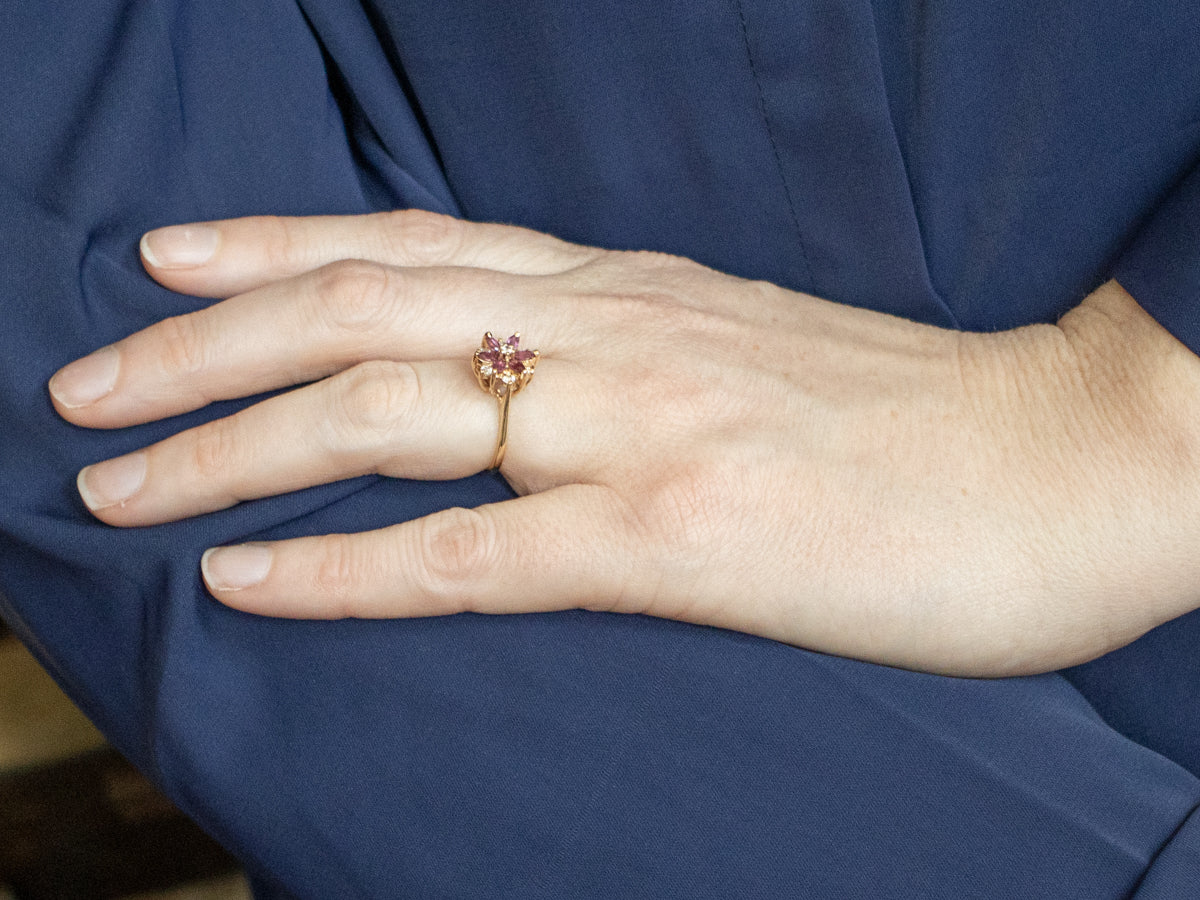 Marquise Cut Ruby and Diamond Flower Yellow Gold Ring