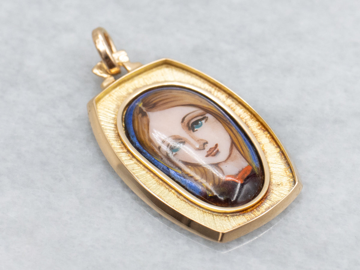 Vintage Gold Hand-Painted Glass Portrait of a Young Woman Pendant