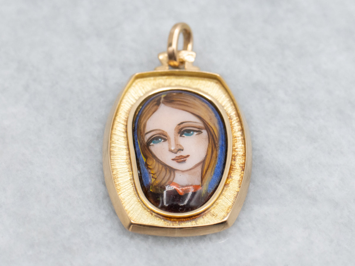 Vintage Gold Hand-Painted Glass Portrait of a Young Woman Pendant