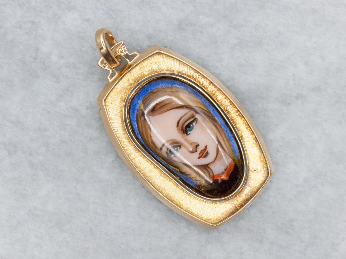 Vintage Gold Hand-Painted Glass Portrait of a Young Woman Pendant