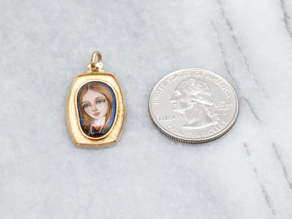 Vintage Gold Hand-Painted Glass Portrait of a Young Woman Pendant