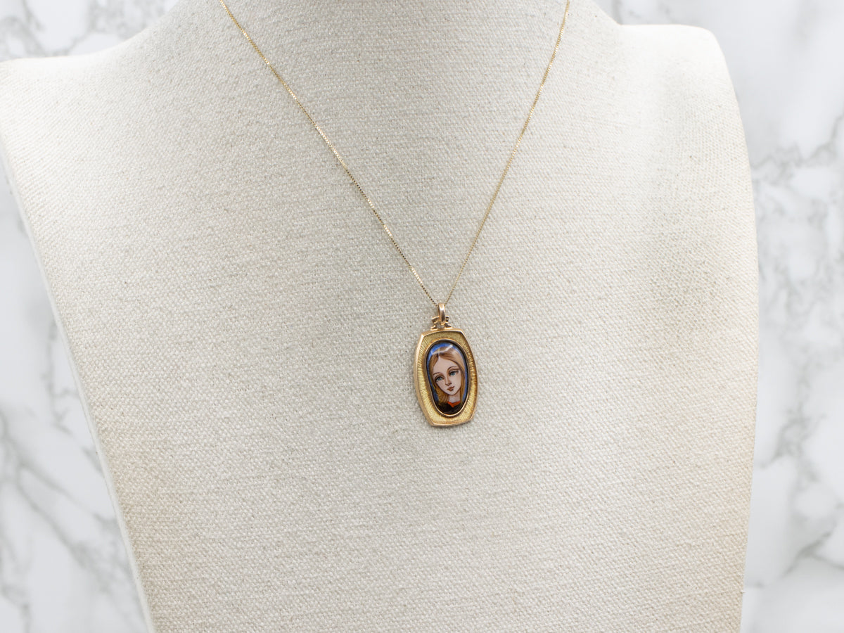 Vintage Gold Hand-Painted Glass Portrait of a Young Woman Pendant