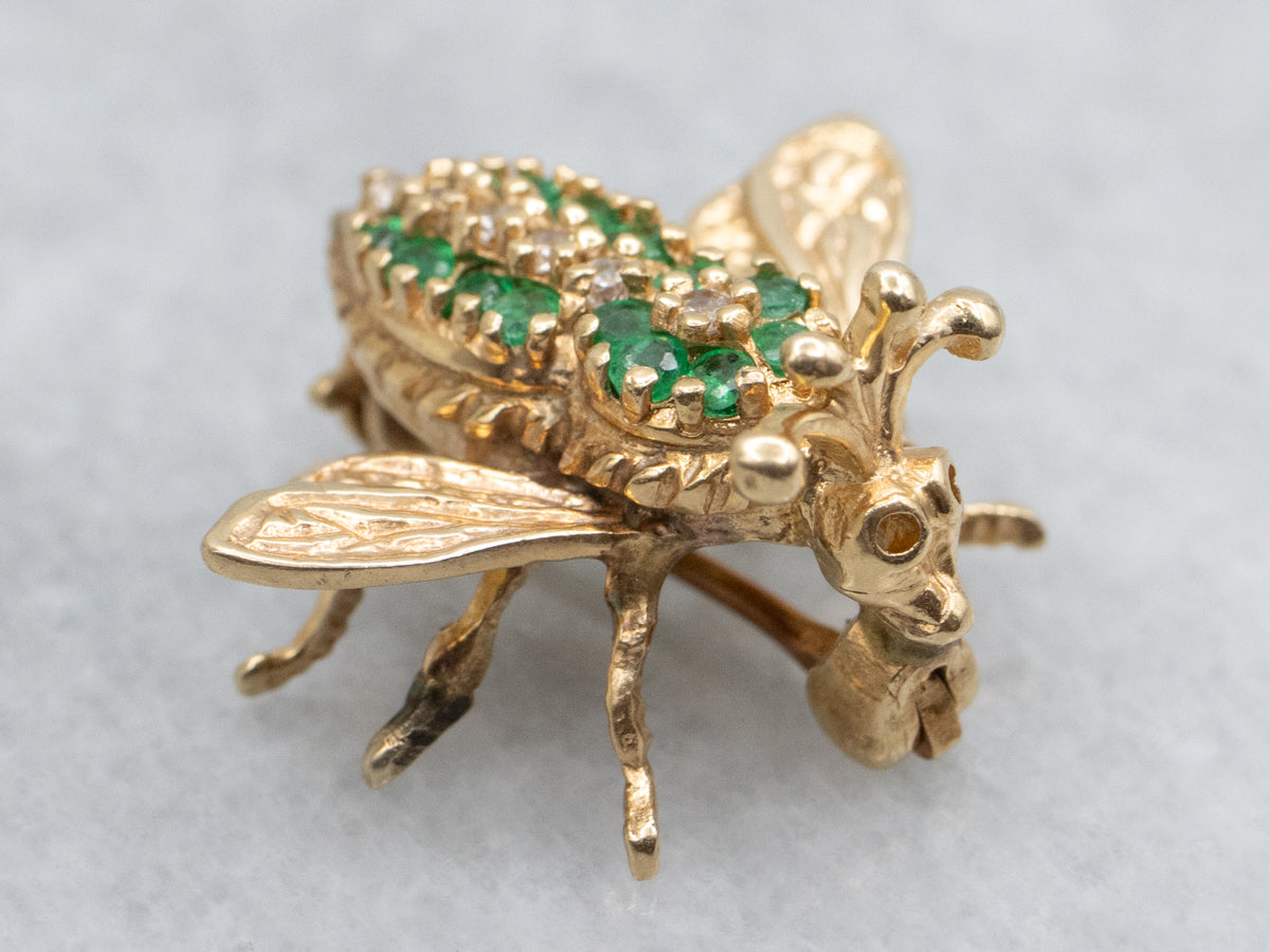 Emerald and Diamond Vintage Gold Insect Pin