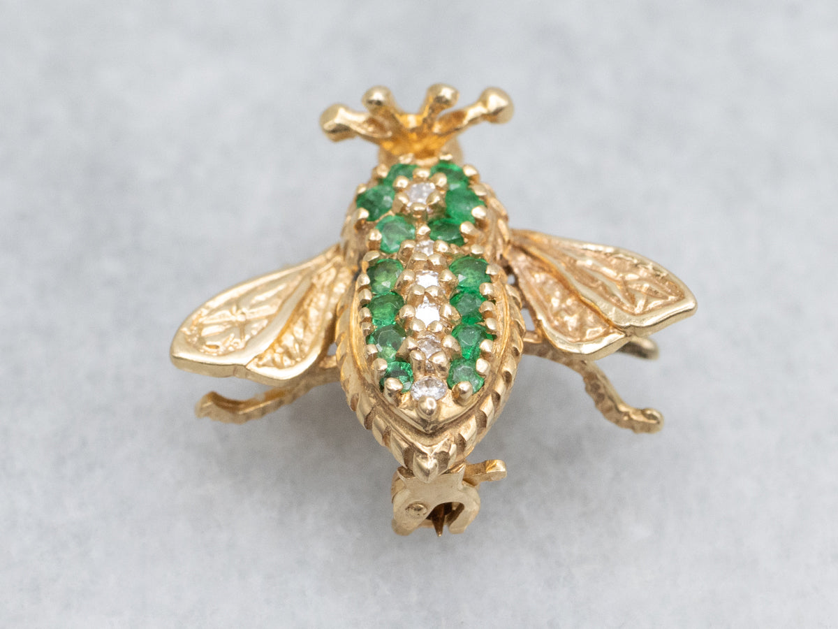 Emerald and Diamond Vintage Gold Insect Pin