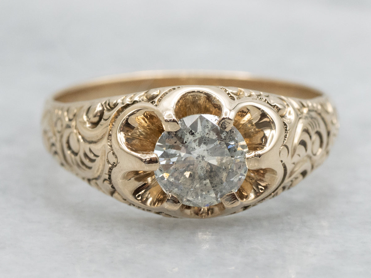Victorian Belcher-Set Diamond Solitaire Engagement Ring with Ornate Engravings