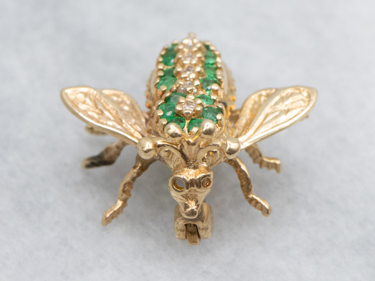Emerald and Diamond Vintage Gold Insect Pin