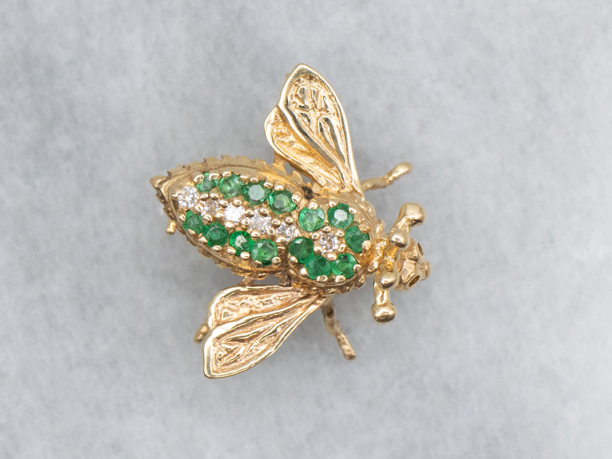 Emerald and Diamond Vintage Gold Insect Pin