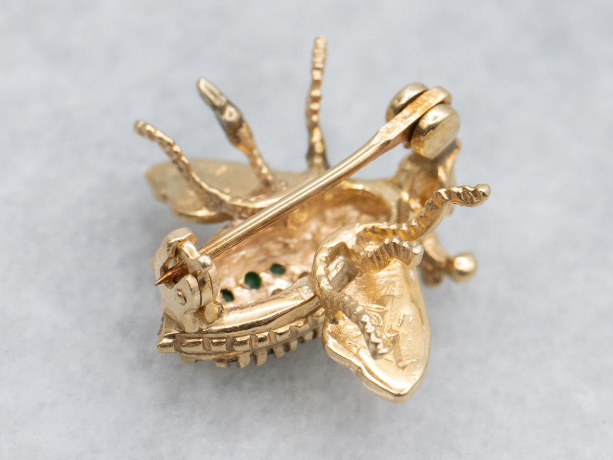Emerald and Diamond Vintage Gold Insect Pin