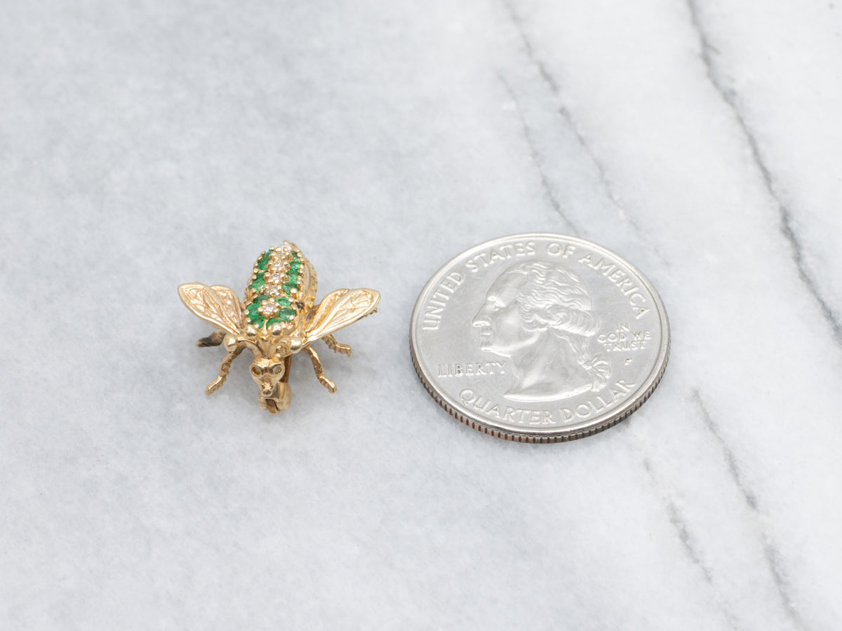 Emerald and Diamond Vintage Gold Insect Pin